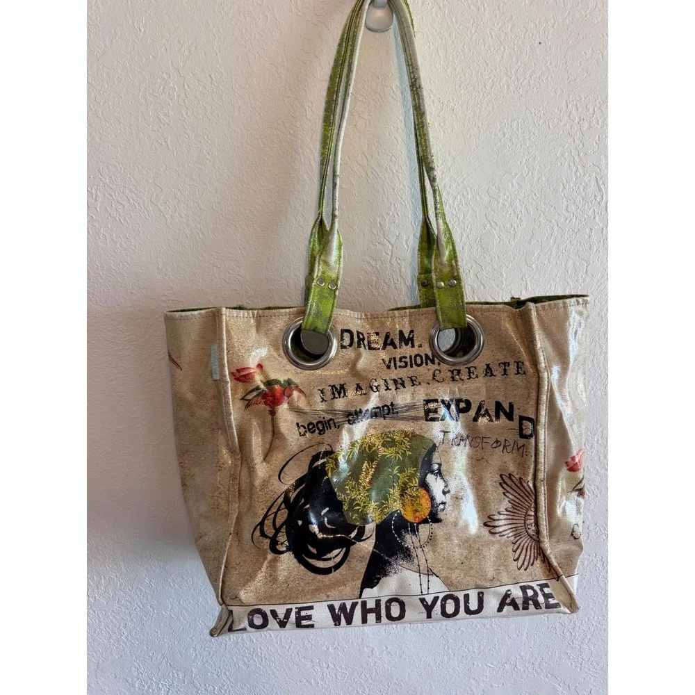 Papaya! Art Tote Bag Love Who You Are Dream Imagine Create Large Oilcloth Tan
